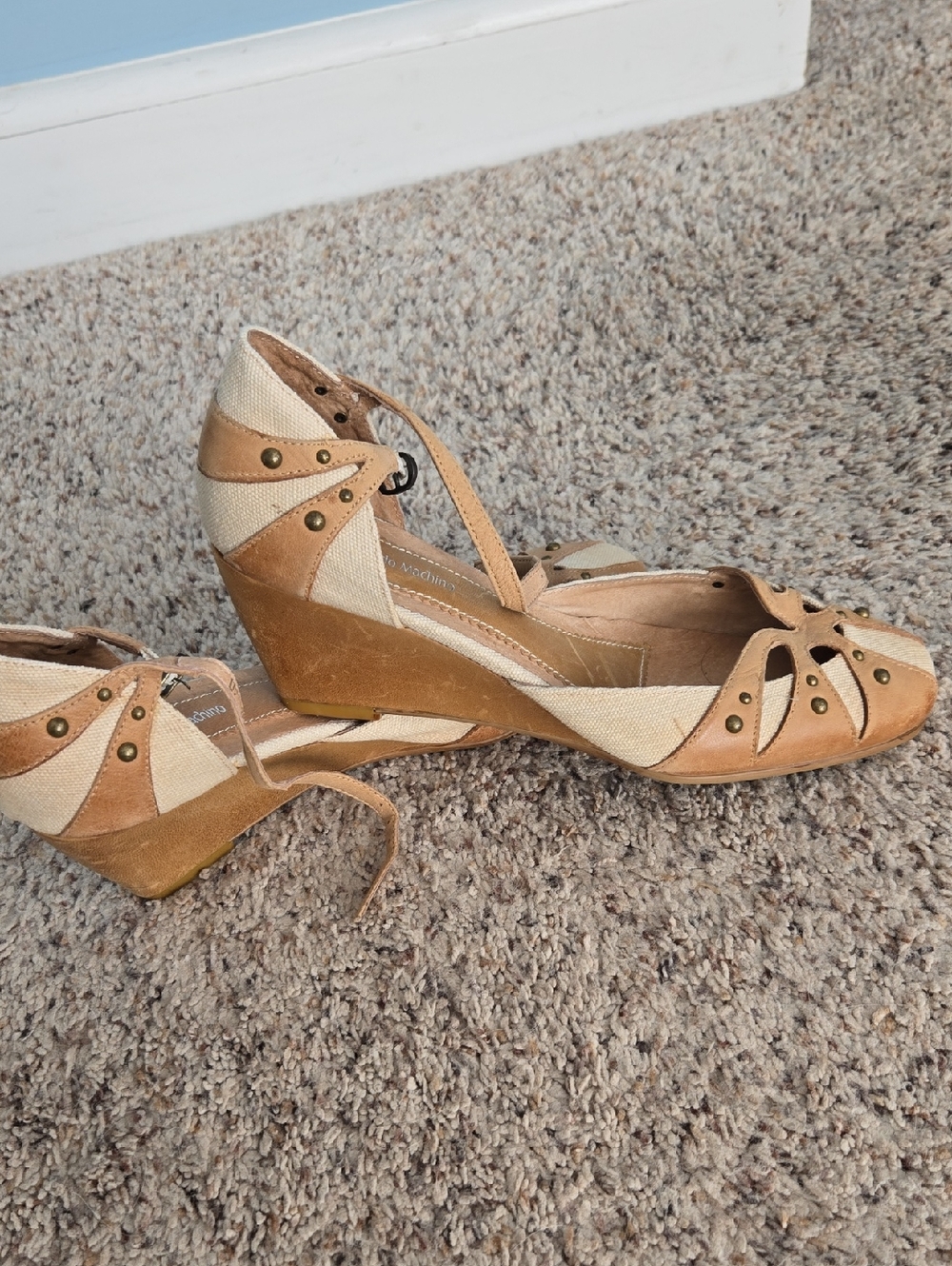Beige Brown Leather Canvas Close Toe Wedge Heels with Ankle Strap Studs Women 9